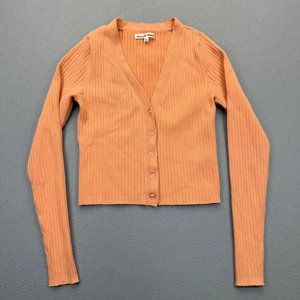Reformation Jeans Womens XS Peach Orange Ribbed Organic Cotton Cropped Cardigan‎